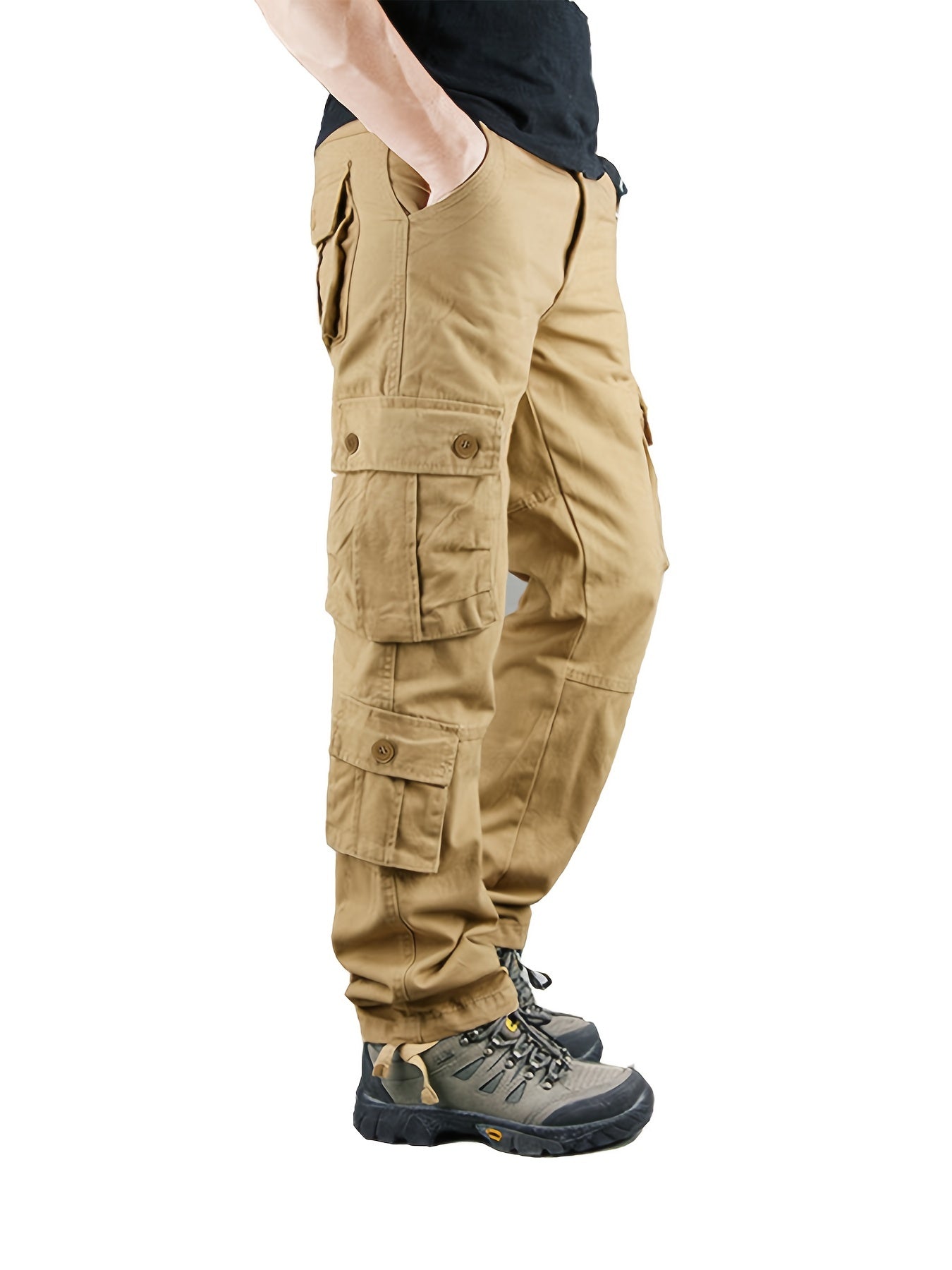 Solid Cotton Men's Cargo Pants for Outdoor Activities
