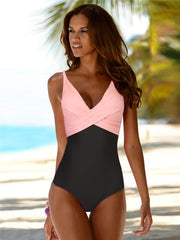 Criss Cross Ruched One Piece Swimsuit Pink Contrast V Neck Bathing Suit