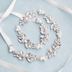 Bridal Pearl Waist Chain Belt with Rhinestone Floral and Faux Pearls