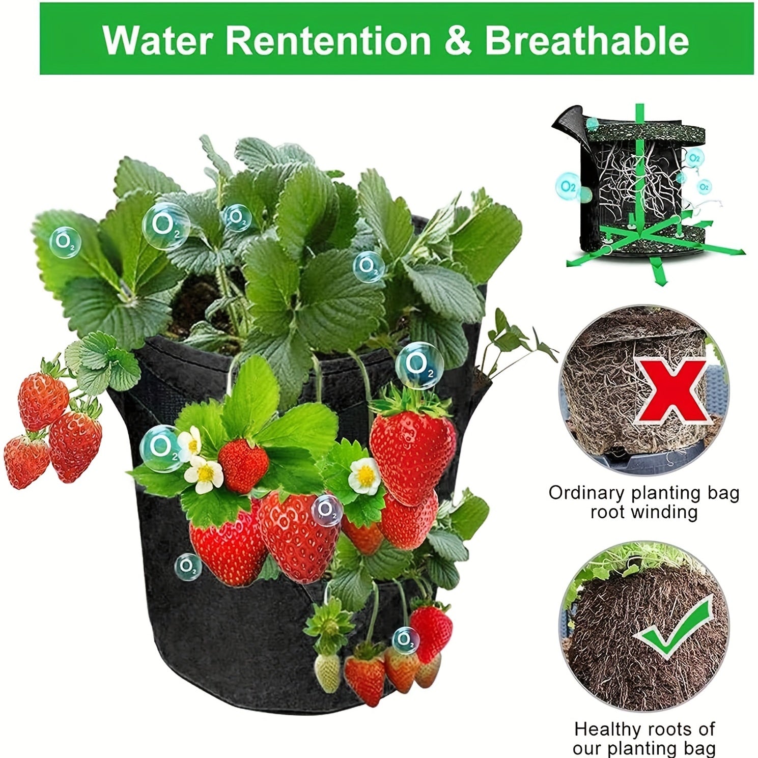 Strawberry Planting Bag, 8 Holes, Reinforced Handle, Breathable Non-woven Fabric