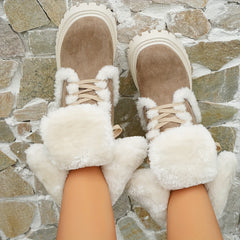 Women's Brown Chunky Heel Boots Lace-Up Plush Outdoor Boots