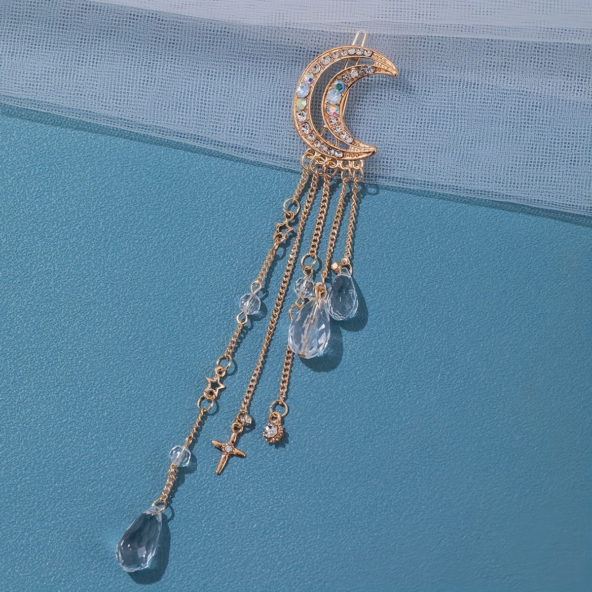 Girls Golden Moon Hair Clip Tassel Rhinestone Hairpin