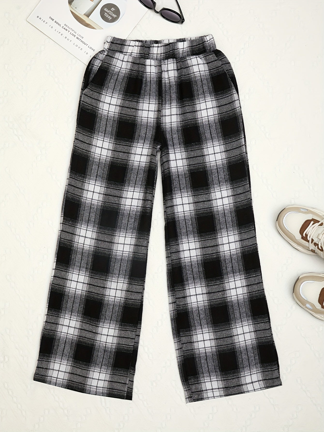 Girls' Plaid Wide Leg Trousers Loose Fit Street Style Kids Teens Outfit