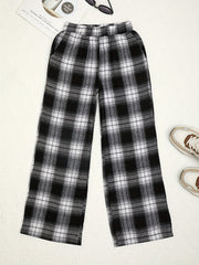 Girls' Plaid Wide Leg Trousers Loose Fit Street Style Kids Teens Outfit