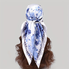Peony Print Square Scarf Satin Shawl Silk Head Wrap Hair Accessory