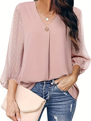 V Neck Loose Blouses Casual Mesh Stitching Dot Pom Poms 3/4 Sleeve Tops