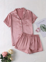 Striped Satin Pajamas Set Short Sleeve Top & Shorts