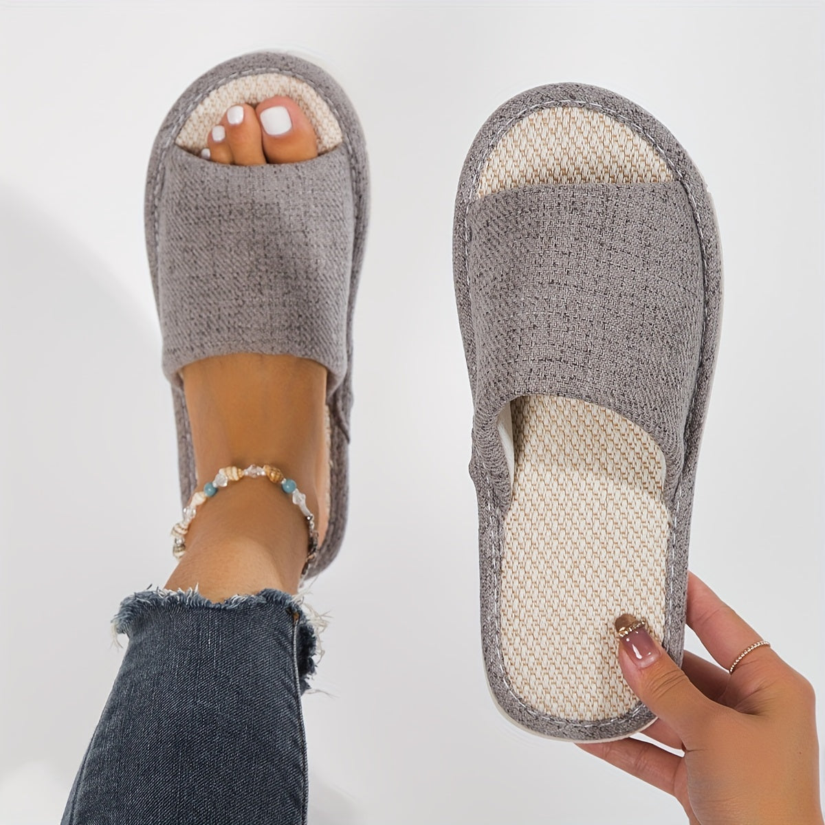Women's Fabric Home Slippers Comfy Open Toe Linen Shoes