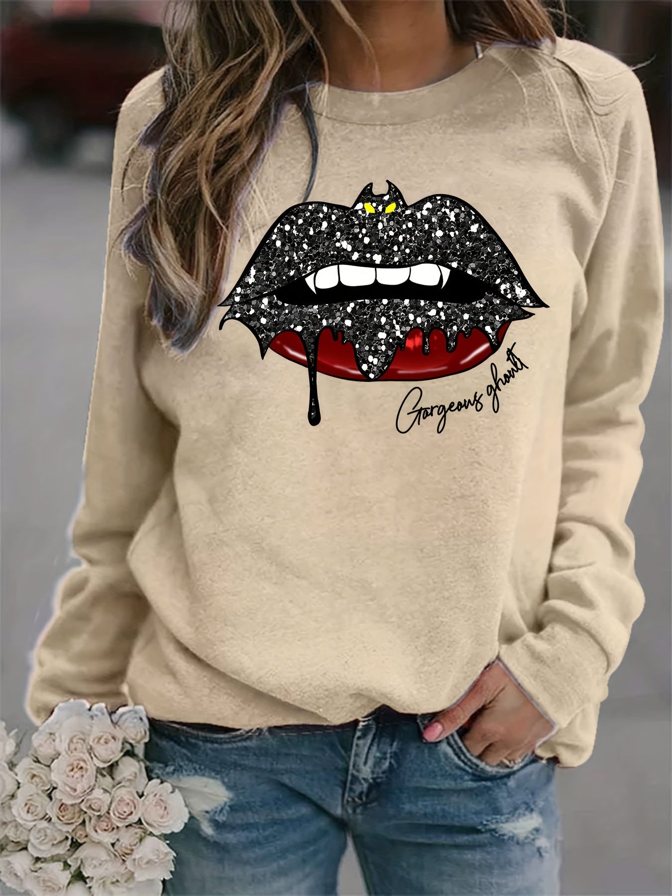 Bat Lip Print Sweatshirt Long Sleeve Crew Neck Women's Clothing
