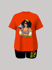 Women's Plus Slogan Print Short Sleeve Top & Shorts Set