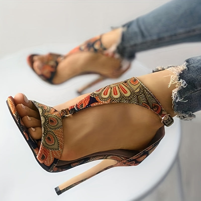 Floral Print Stiletto Heels Buckle Strap Summer Pumps