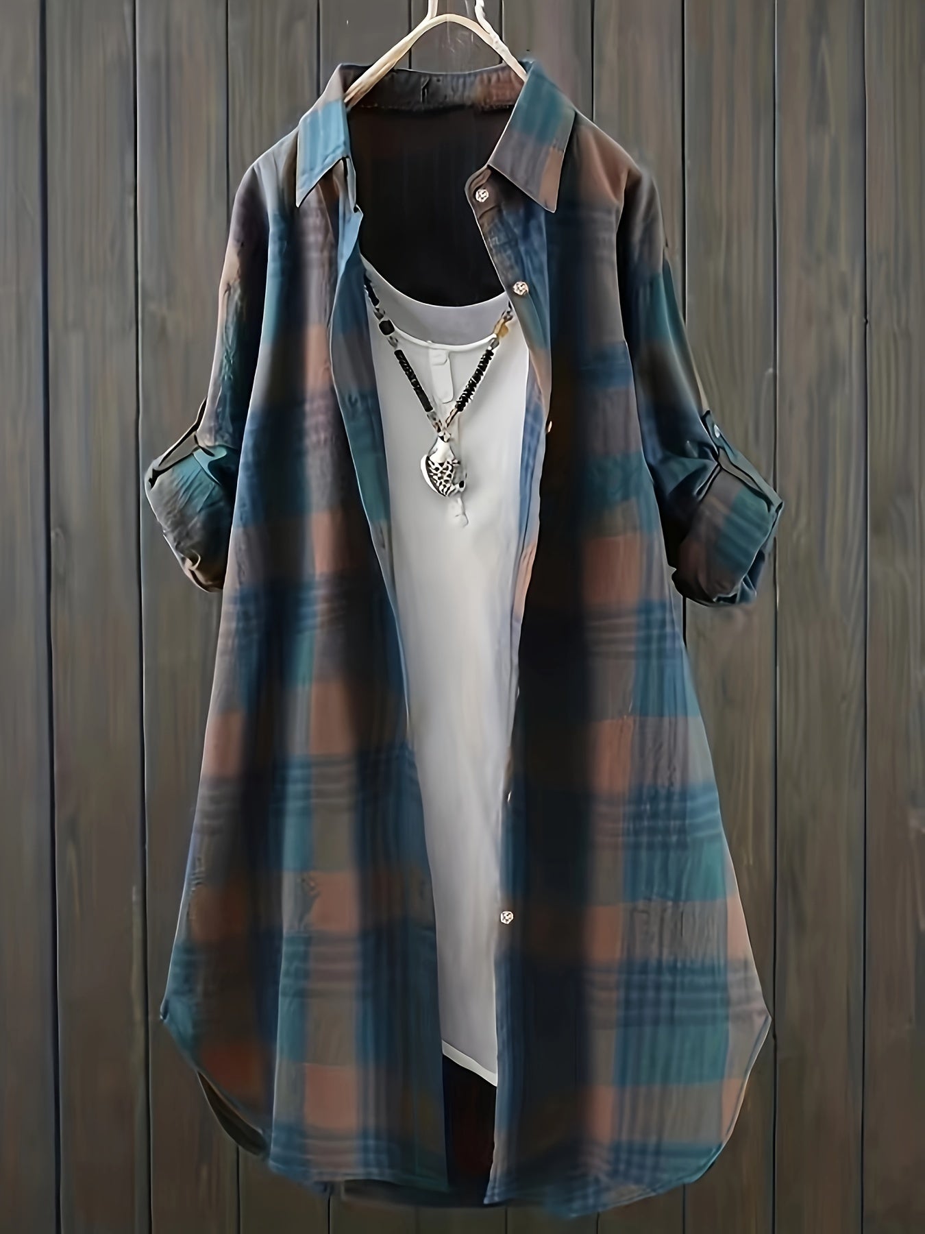 Plaid Print Button Up Roll Up Sleeve Turn Down Collar Blouse
