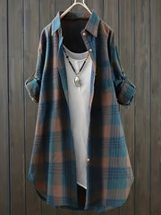 Plaid Print Button Up Roll Up Sleeve Turn Down Collar Blouse