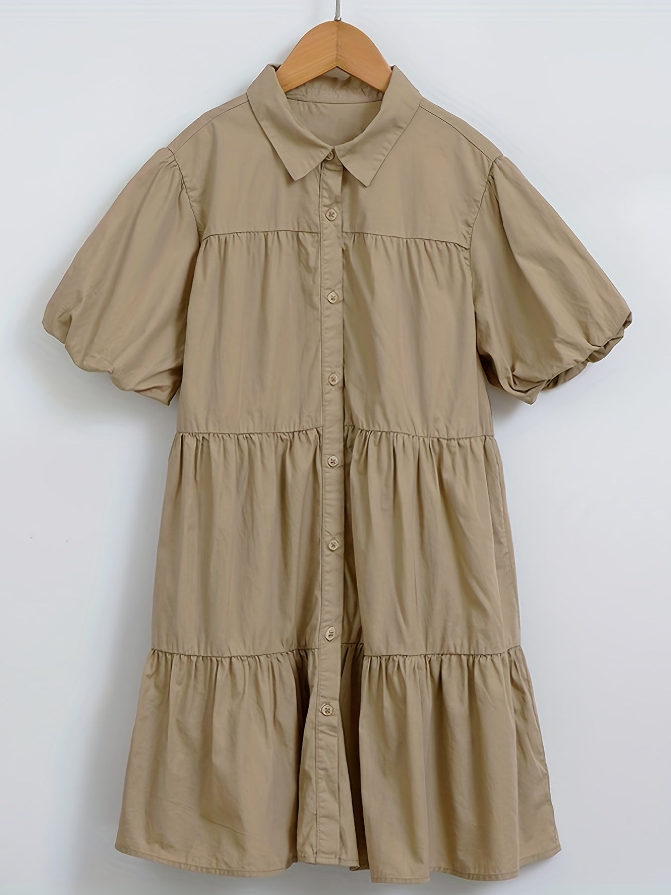 Cotton Puff Sleeve Lapel Dress for Girls