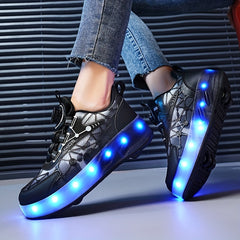 Girl's LED Roller Shoes with Rotating Buckle - Detachable Wheel Skate Sneakers