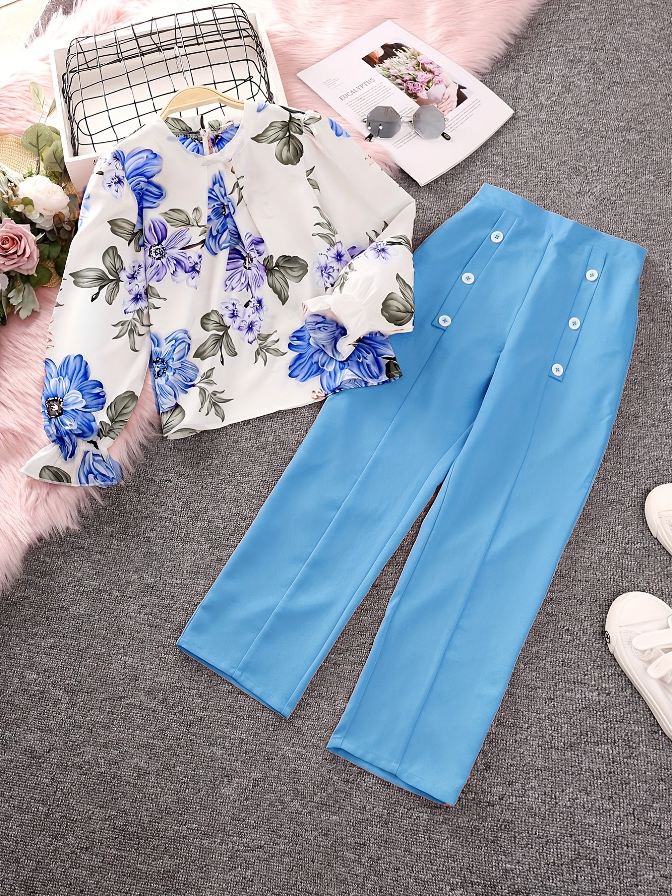 2pcs Girls Fall Clothes Long Ruffled Sleeve Flower Print Tops & Pants Set