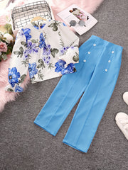 2pcs Girls Fall Clothes Long Ruffled Sleeve Flower Print Tops & Pants Set