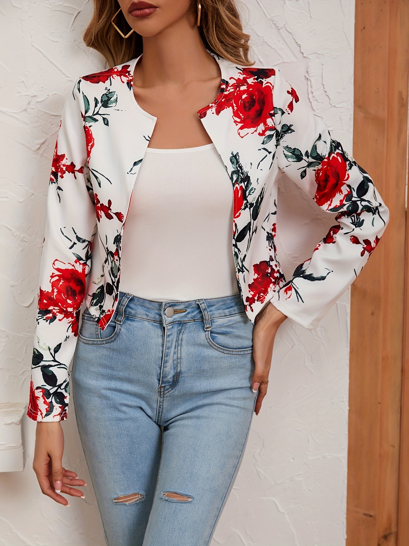 Floral Print Open Front Crop Jacket for Women