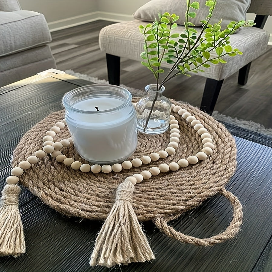 Wooden Beaded Wreath with Tassels - Natural Prayer Wood Beaded Decor
