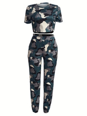 Camo Print Two-Piece Set Short Sleeve Tee & Jogger Pants
