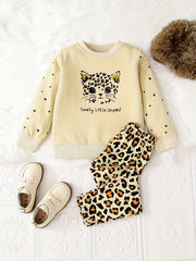 Leopard Pattern Pajamas 2pcs Set Long Sleeve Top & Pants Girl's Loungewear