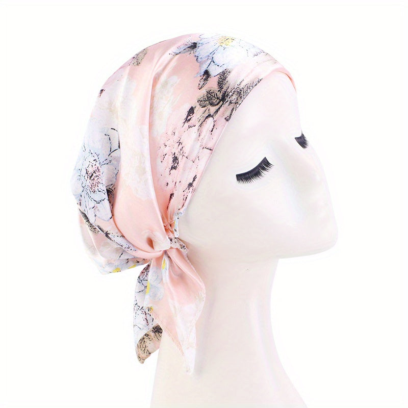 Flower Print Satin Turban Cap for Women Elastic Headwrap Hijab Headband