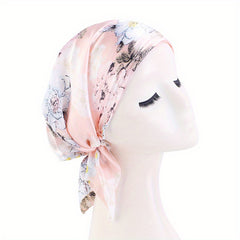 Flower Print Satin Turban Cap for Women Elastic Headwrap Hijab Headband