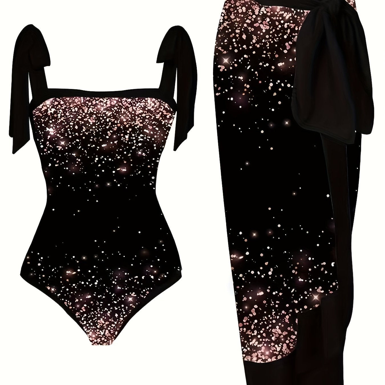 Sparkle Print Tie Shoulder One Piece Bathing suit Set