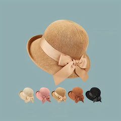 Short Brim Bucket Hat Ribbon Bowknot Sun Hat Solid Adjustable Travel Beach