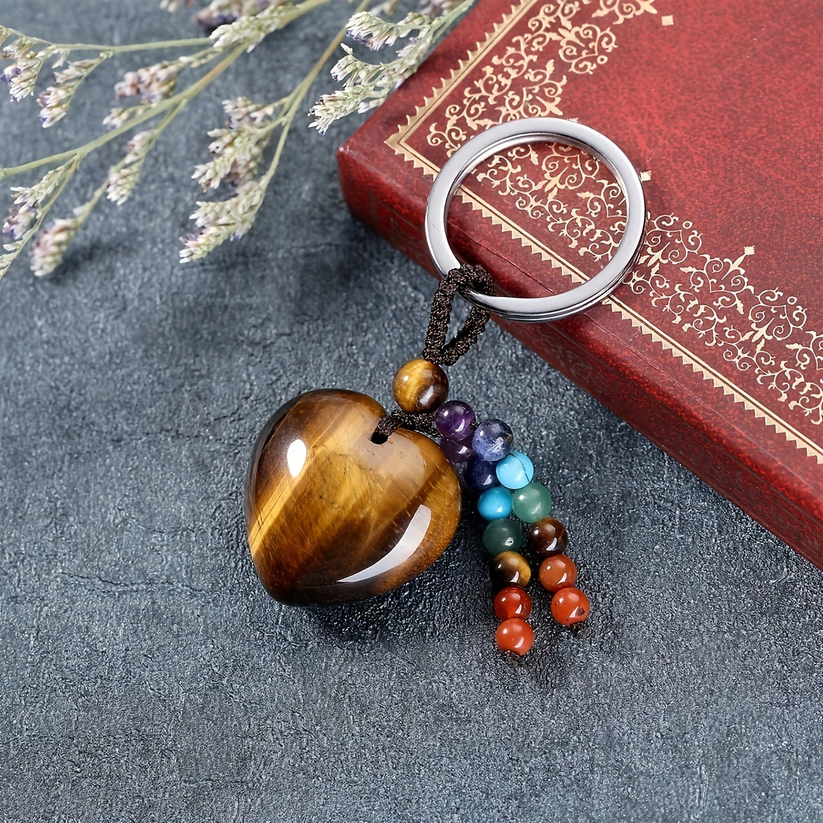 Tiger Eye Heart Crystal Keychain Healing Gemstone Key Ring Charm Gift