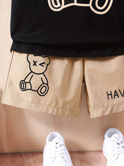 Boys Bear Graphic Casual Outfit T-shirt & Shorts Kids Summer Clothes Sets