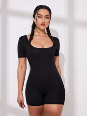Women's Ribbed Yoga Rompers Solid Short Sleeve Sport Romper