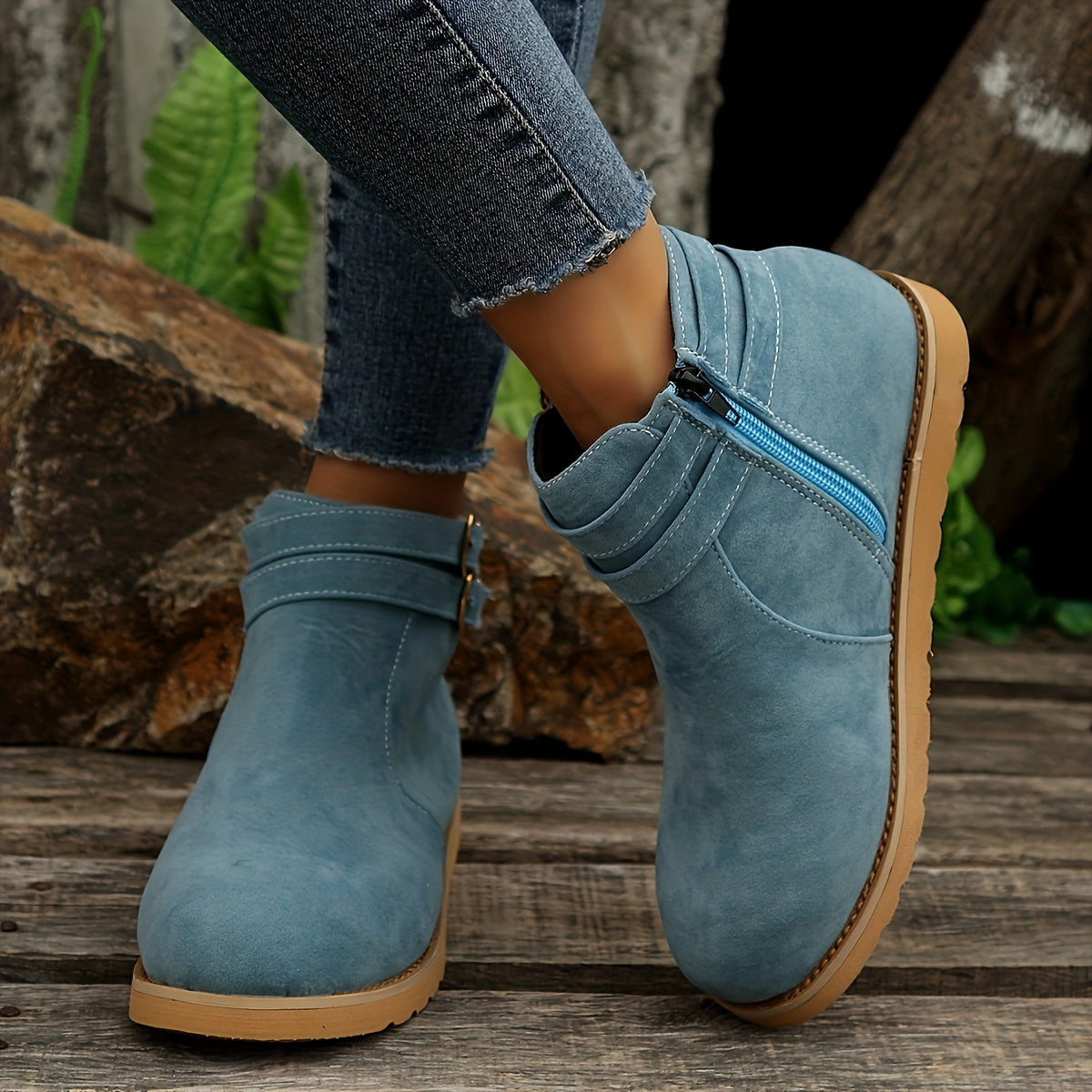 Women's Metallic Buckle Platform Boots with Side Zipper
