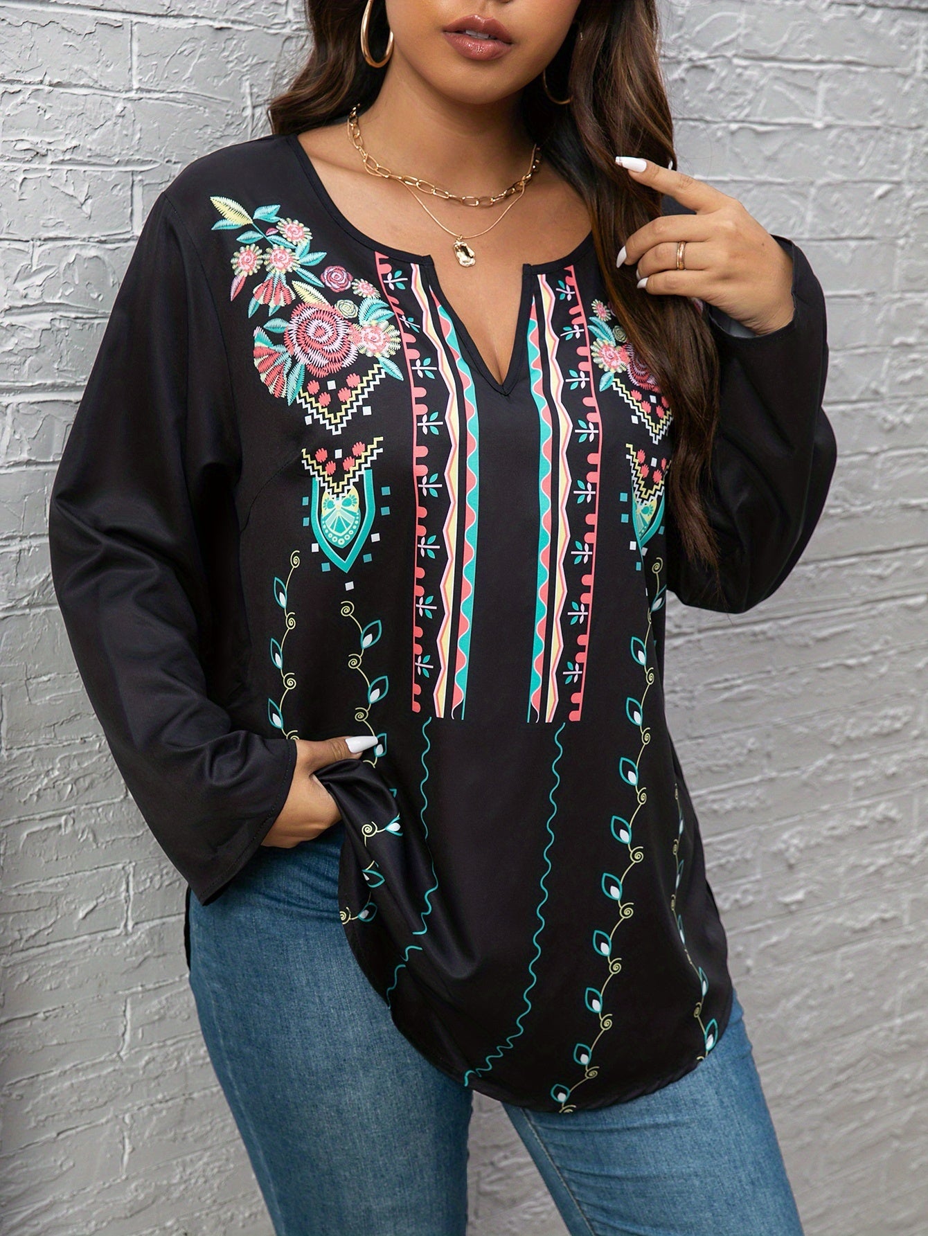 Floral Print Notched Neck Tunic Top