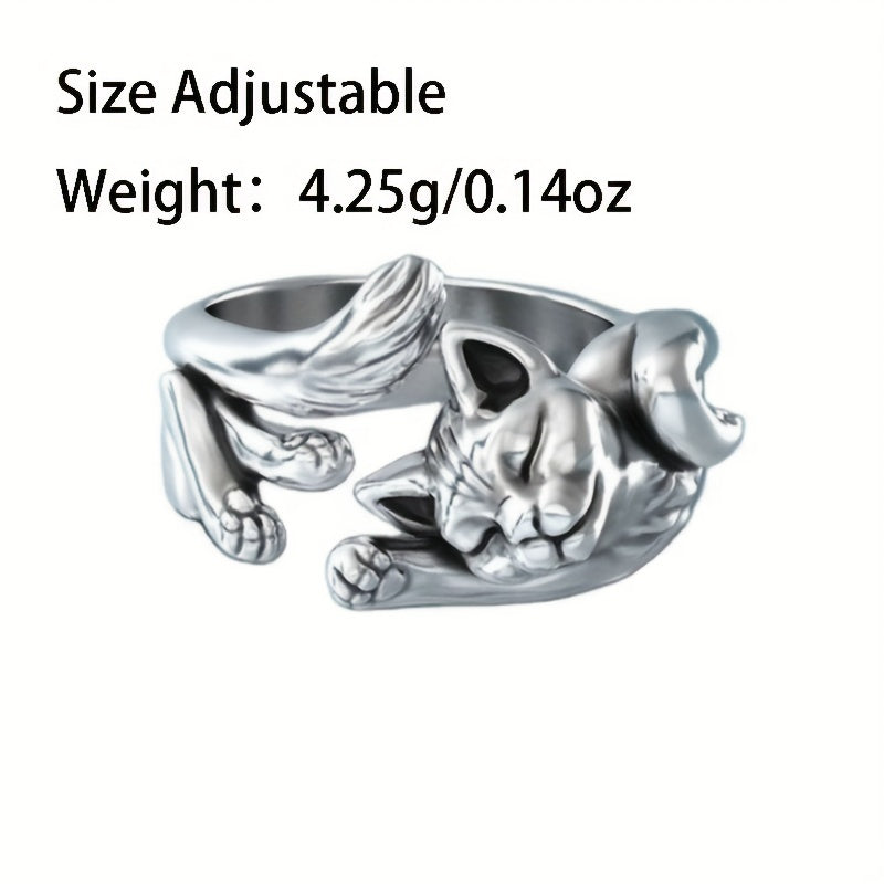 Vintage Silver Plated Cat Totem Ring - Kitty Opening Cat Ring