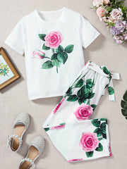 Girls Floral Print T-Shirt & Trousers Set with Belt