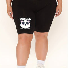 Casual Shorts Women's Plus Panda & Letter Print High Rise Biker Shorts