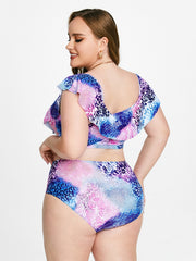 Animal Print Ruffle Trim Swimsuit Set