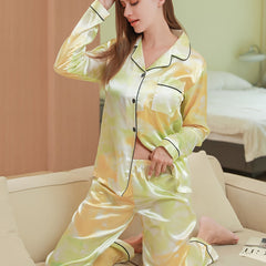 Colorblock Satin Pajama Set Long Sleeve Top & Pants Women's Sleepwear