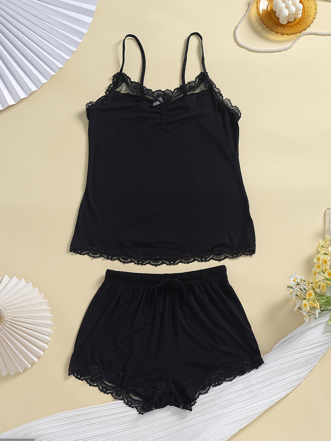 Lace Trim Pajama Set Cami Top & Shorts 2 Piece