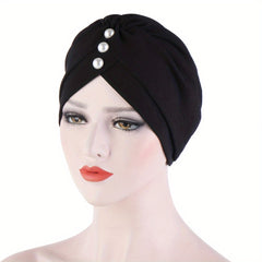 Faux Pearl Decor Turban Cap Solid Hijab Chemo Cap