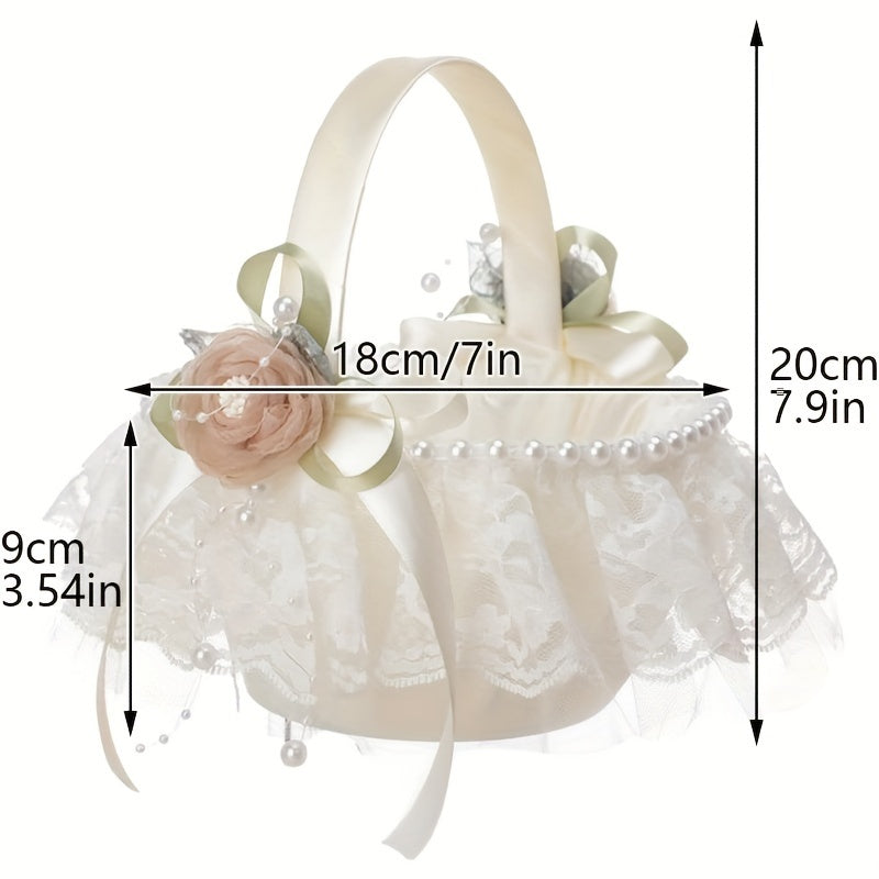 Wedding Flower Basket Beaded Petals Basket Satin Bridal Basket With Handle
