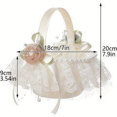 Wedding Flower Basket Beaded Petals Basket Satin Bridal Basket With Handle