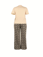 2pcs Queen Print Tee & Allover Print Wide Leg Pants Set Women's Clothing