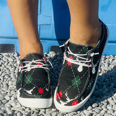 Christmas Deer Pattern Sneakers - Women's Flat Casual Shoe