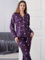 Heart Print Pajama Set Long Sleeve Button Top & Pants