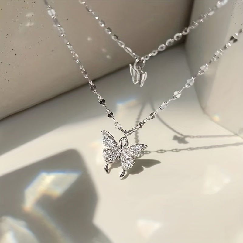 Double Layer Butterfly Pendant Necklace Girls Accessories