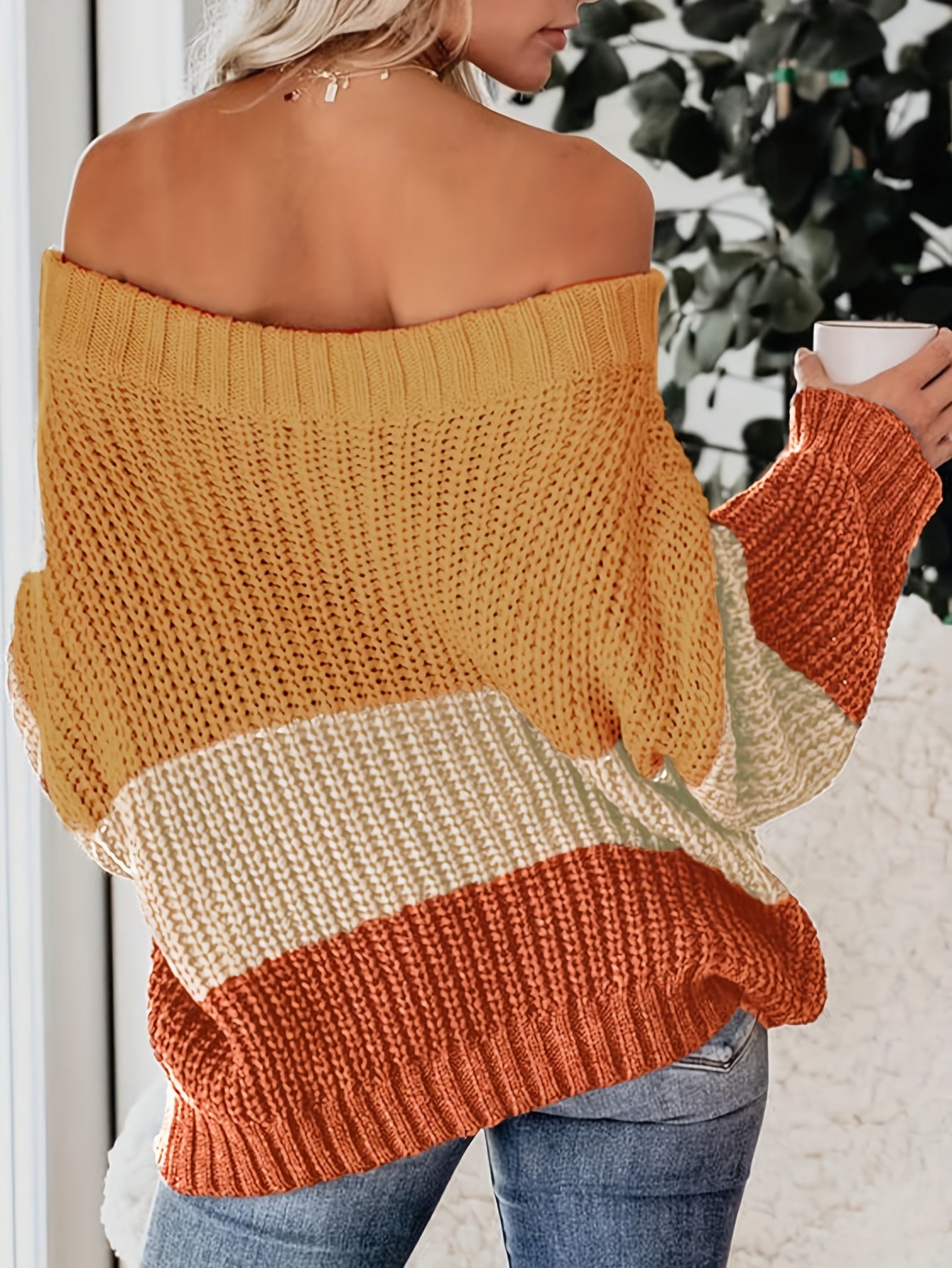Off Shoulder Block Knit Sweater Long Sleeve Casual Loose