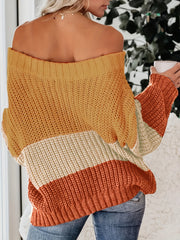 Off Shoulder Block Knit Sweater Long Sleeve Casual Loose