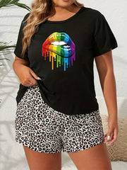 Rainbow Lip Print Short Sleeve Top & Leopard Print Shorts Pajama Set